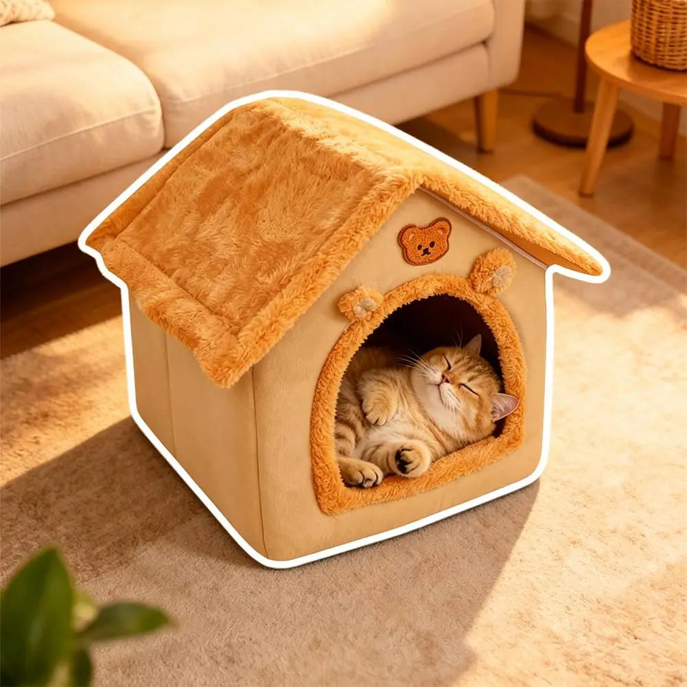 A cozy tan plush pet bed warm orange cat cave 33x32x30cm with a fuzzy roof and bear face detail.