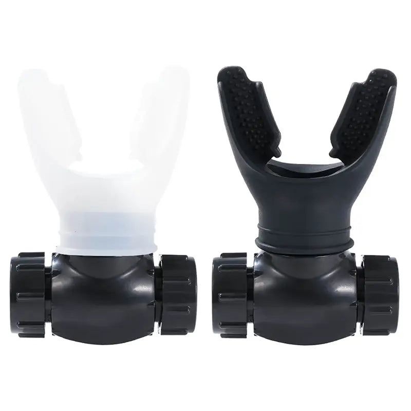 Black plastic scuba diving regulator mouthpiece with textured grip beside a white silicone version shown for lung breathing trainer fitness resistance exercise tool.