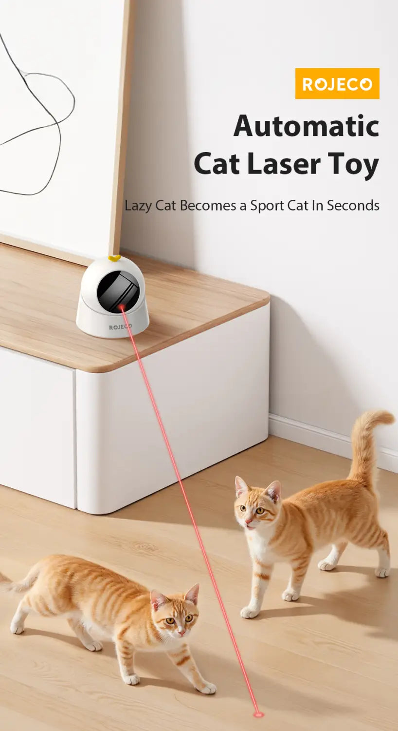 White rojeco automatic cat laser toy with black circular lens and yellow accent emitting a red laser beam, shown from the front as an interactive laser cat toy.