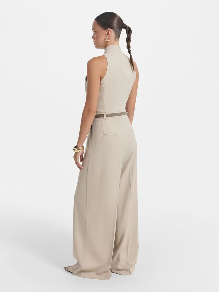 2026 Summer Women Jumpsuit Elegant Halter Neck Deep V Button Front Wide Leg Romper with Belt Office Lady Outfit