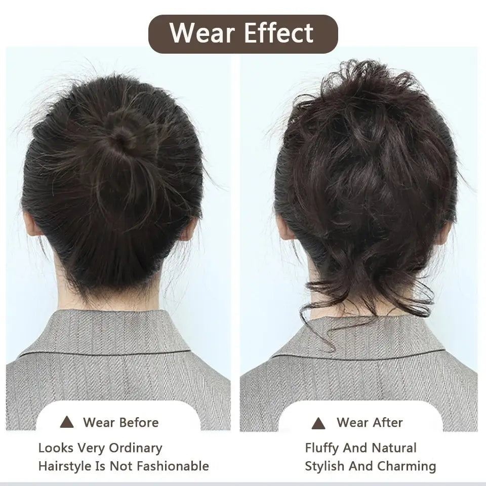 Dark brown synthetic curly hair bun scrunchie designed as a voluminous hair piece to create a fluffy and natural hairstyle.