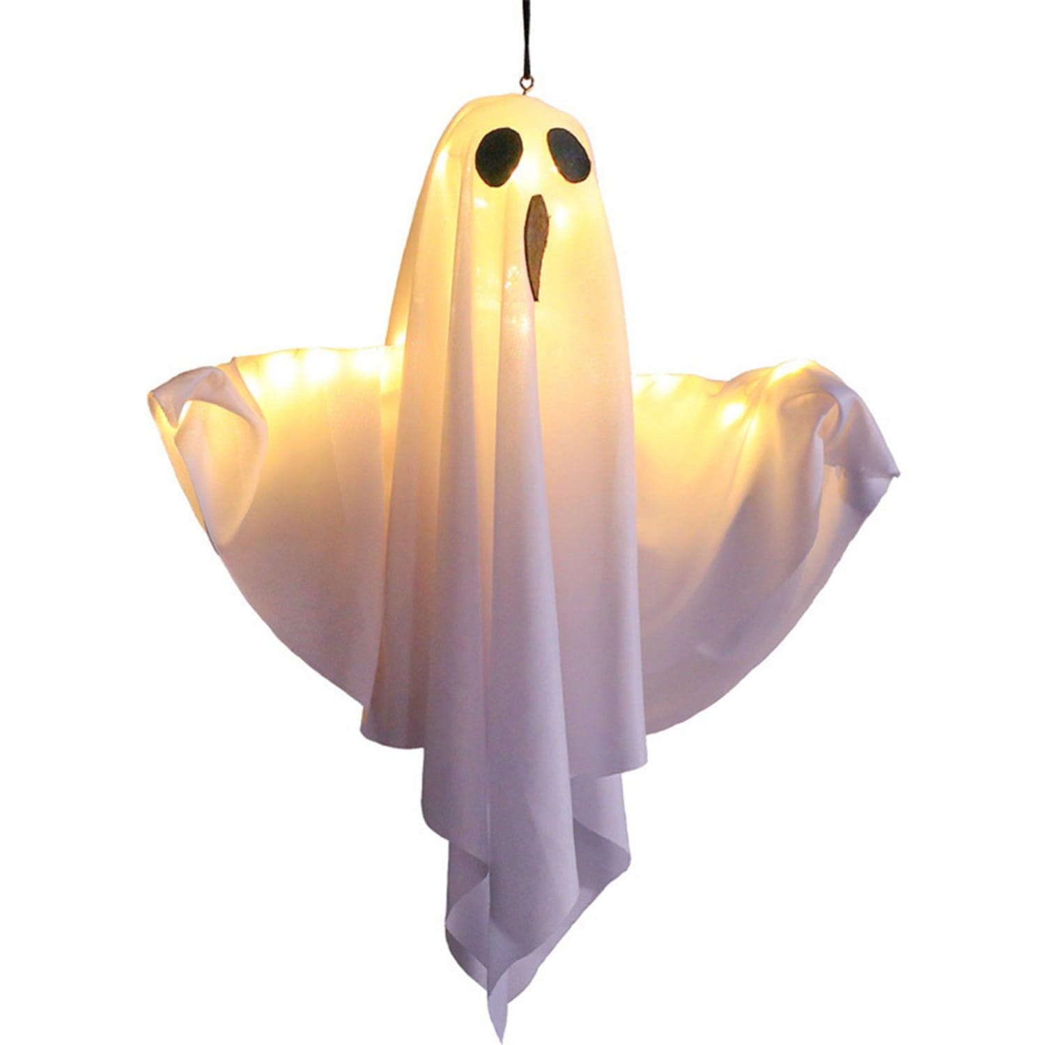 a glowing white ghost decoration with black eyes and a brown mouth made of translucent fabric for hanging Halloween decoration measuring 50 by 40 centimeters