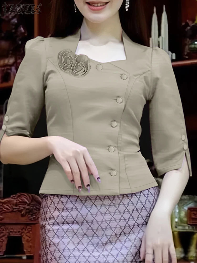ZANZEA Women Blouses Trend 2025 Elegant Flowers Shirts Summer Half Sleeve Button Blusas Solid Slim Fit Tops Female Tunic Mujer