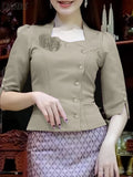 ZANZEA Women Blouses Trend 2025 Elegant Flowers Shirts Summer Half Sleeve Button Blusas Solid Slim Fit Tops Female Tunic Mujer