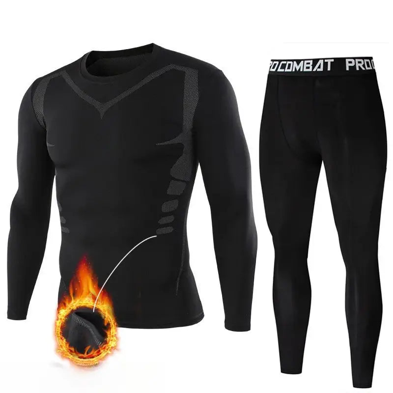 Conjunto de ropa interior térmica para hombres negros con forro de lana polar y secado rápido, con una parte superior de compresión de manga larga con sutiles acentos de patrón gris y leggings a juego elaborados con tejido flexible de alto rendimiento.