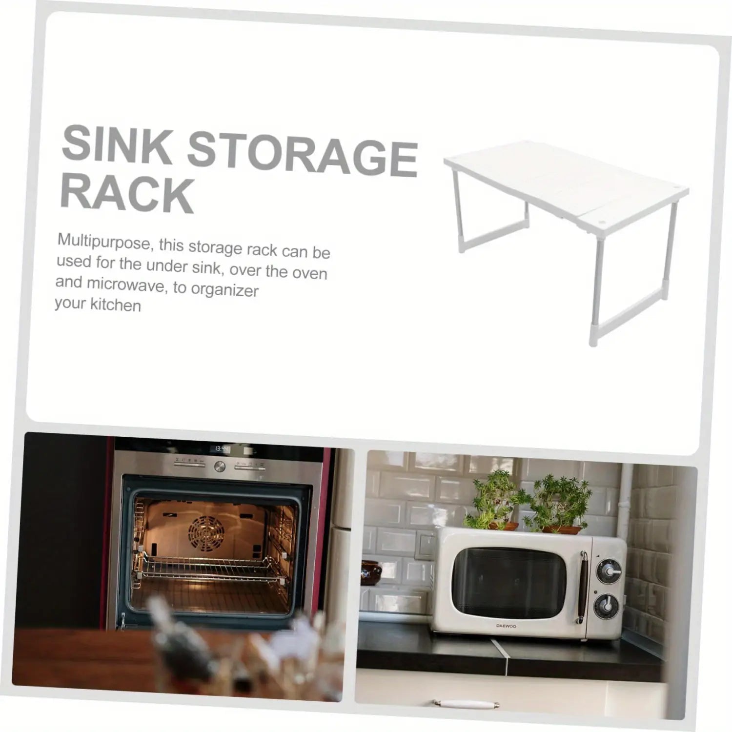Support de rangement rectangulaire pour évier en blanc, avec un design de cadre métallique minimaliste, servant de présentoir pour étagère-organisateur pour comptoir de cuisine.