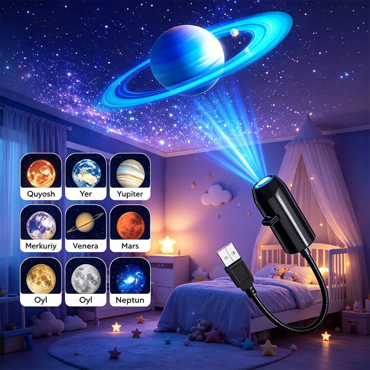 Projecteur mini LED noir alimenté par USB avec cordon flexible projetant un bleu saturne et un ciel étoilé sur le plafond pour une décoration d’ambiance.