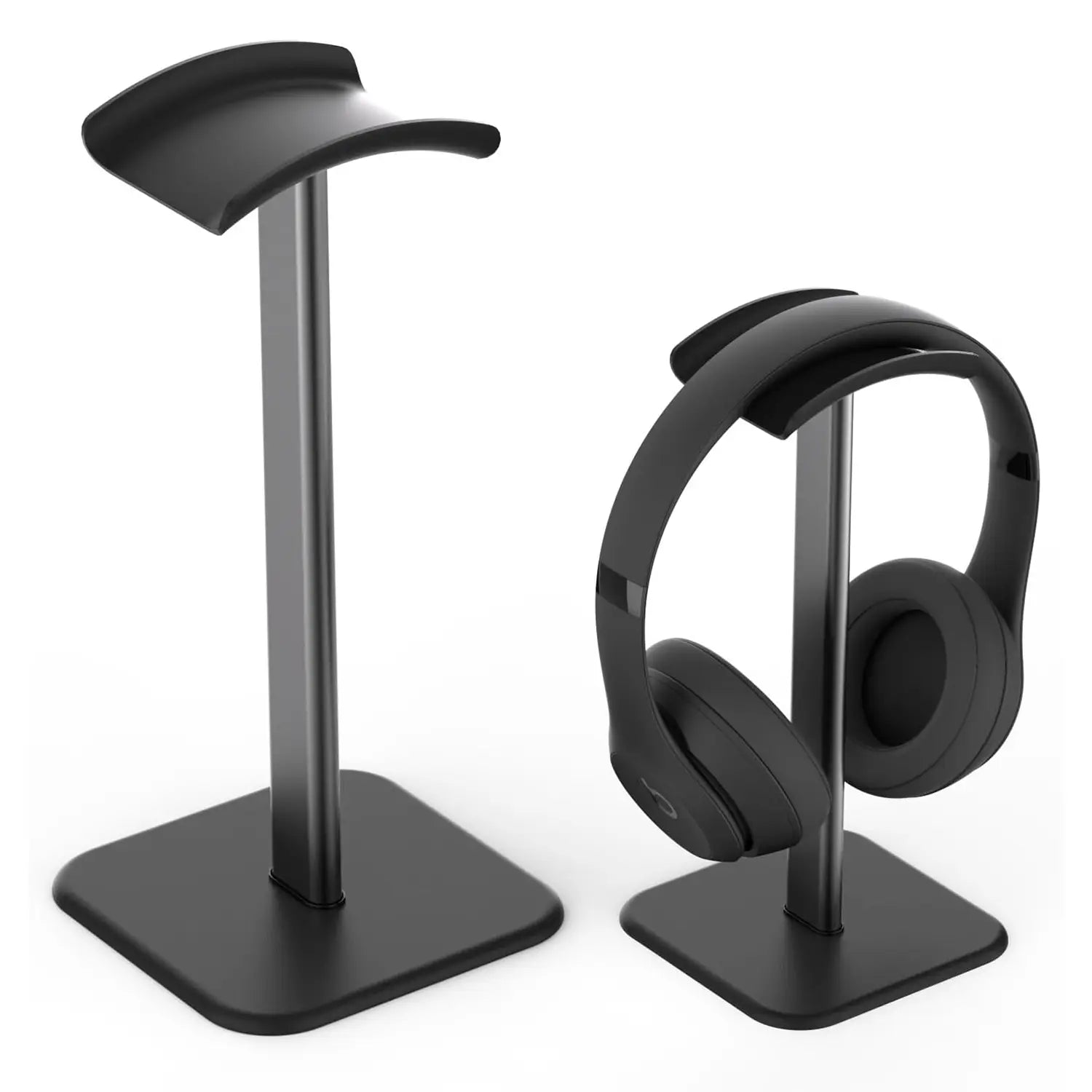 Black matte-finish aluminum headphone stand with a curved top and square base designed as a durable earphone stand.