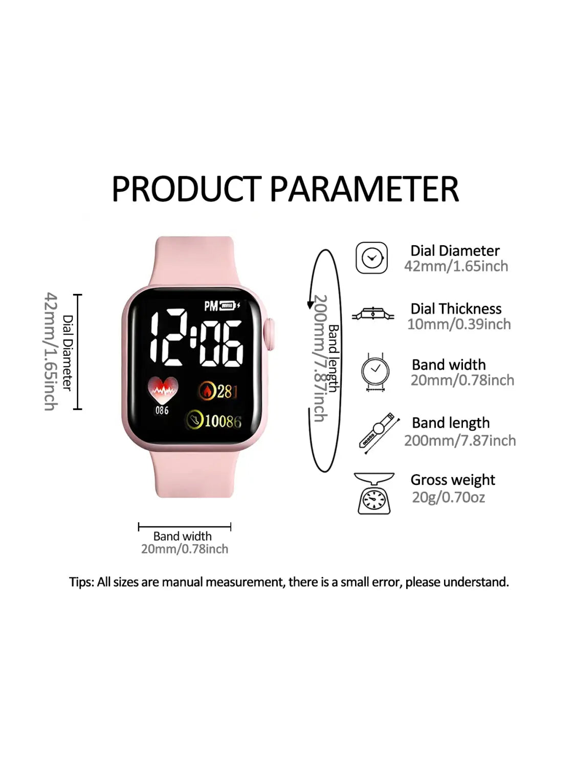 Pink silicone band digital watch set for women displaying time heart rate and steps on the digital screen