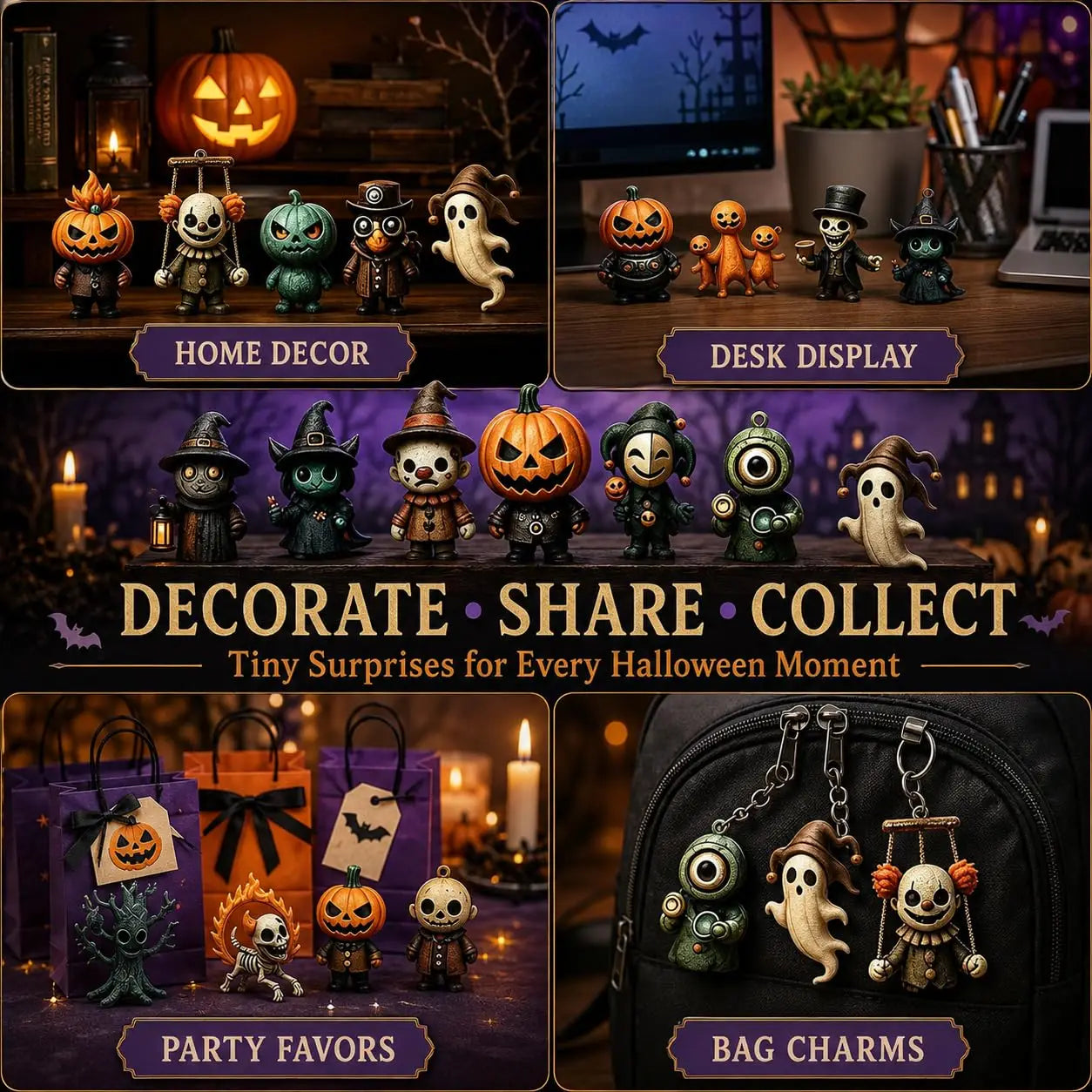Halloween advent calendar featuring 31 mini spooky figurines crafted from painted plastic with detailed facial expressions including pumpkins, ghosts, and skeletons.