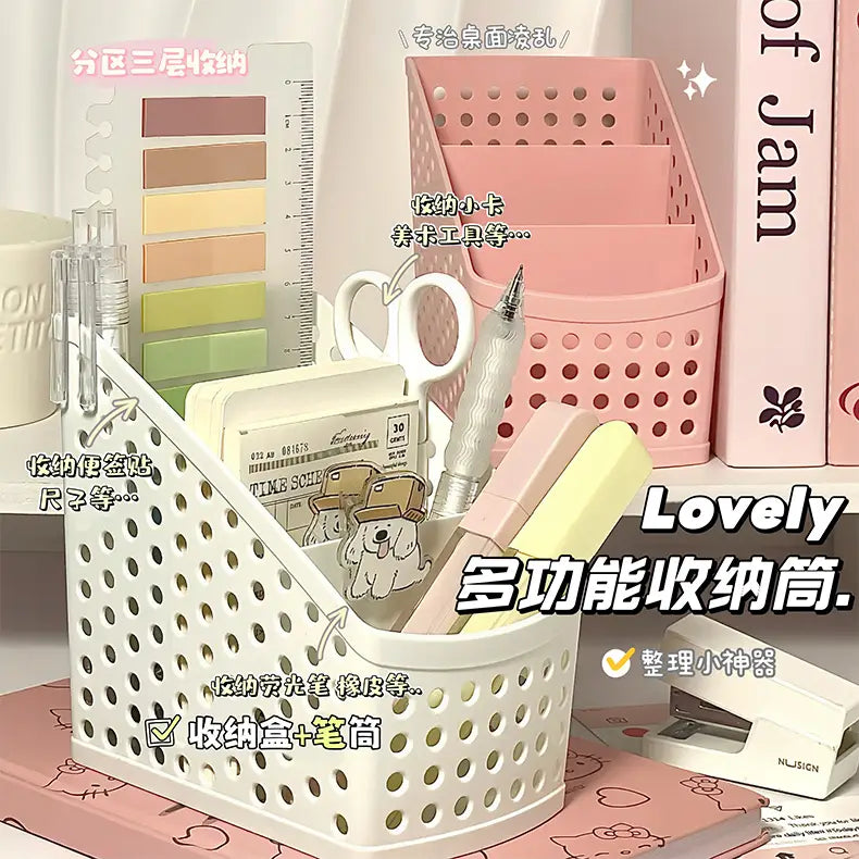 White perforated plastic desktop stationery organizer with multiple compartments for pens scissors and makeup storage box