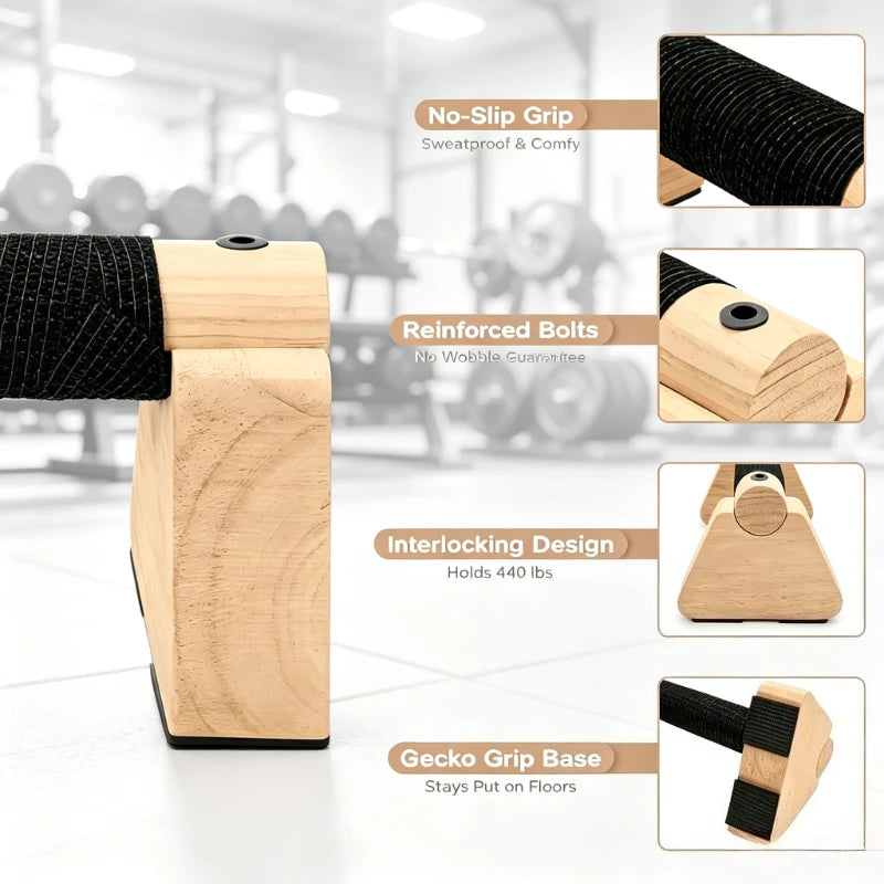 2PCS Wooden Parallettes Bars + 2PCS Accessories Set, Calisthenics Handstand Training Equipment, Push Up Stands