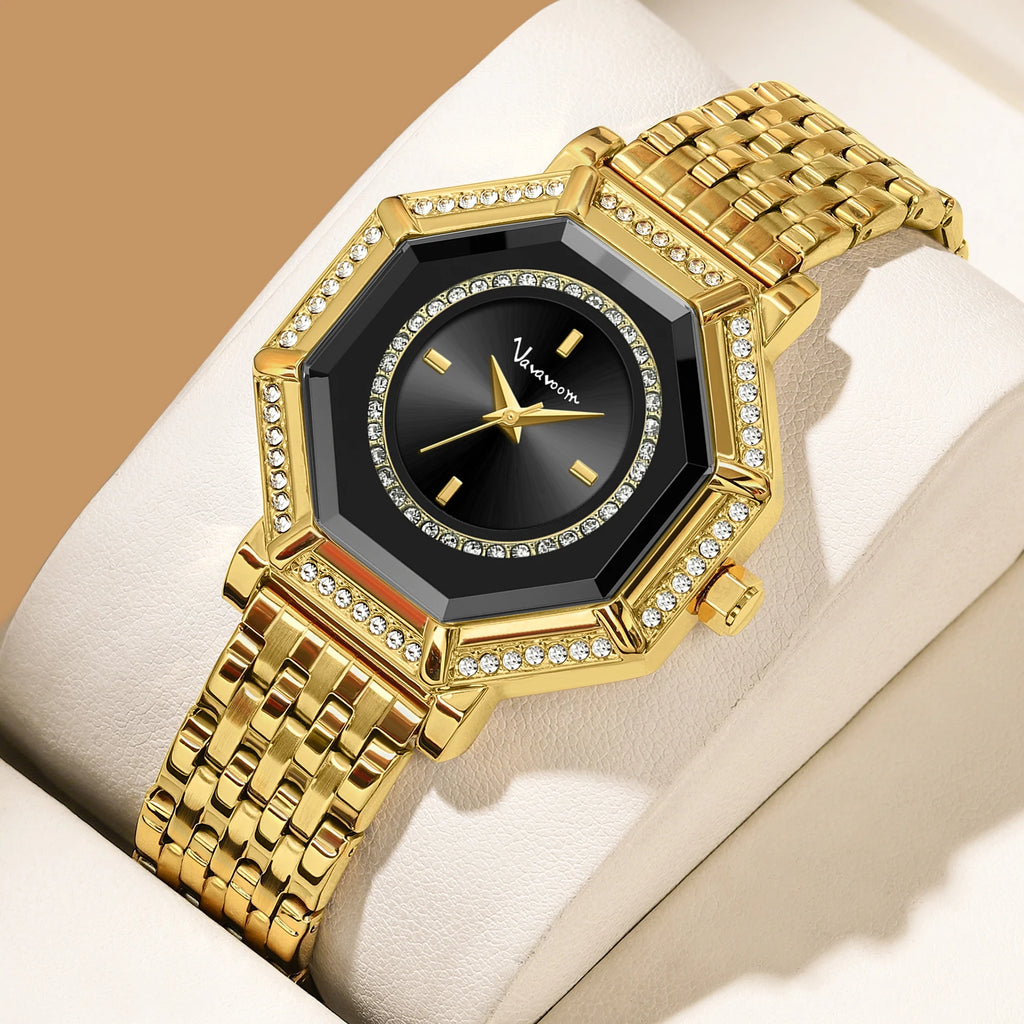 2025 New Women Gorgeous Quartz Watch Original Geometric Rhinestone Stainless Steel Waterproof Casual Banquet Dress Girls Watches