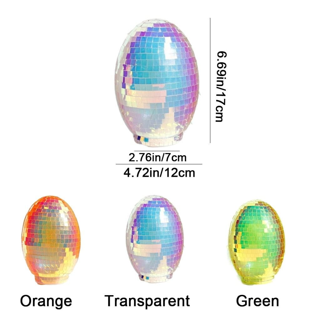 Iridescent glass disco egg ball ornament featuring a mosaic of reflective mirrored tiles in an egg-shaped design.