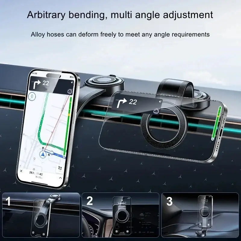 Black alloy car phone mount with flexible hose and magnetic adjustable angle for dashboard use viewed from the front