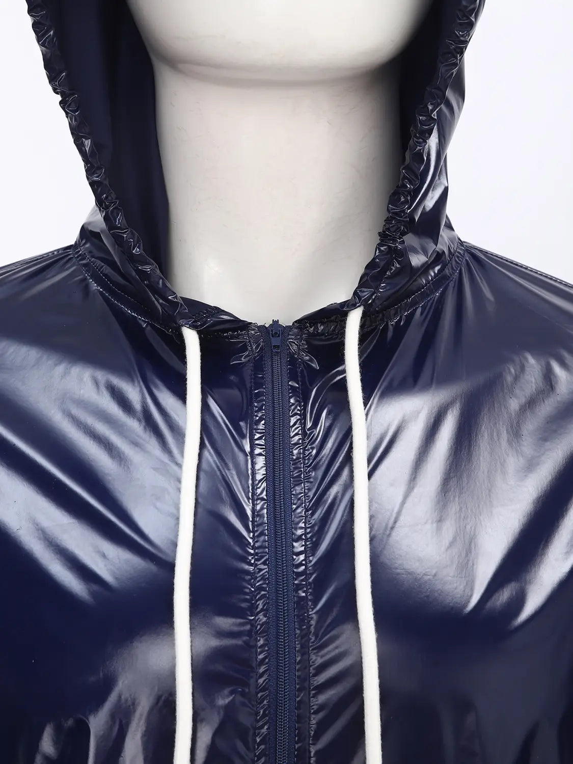 Men waterproof hooded windbreaker jacket in dark blue glossy nylon with white drawstrings and central zipper.