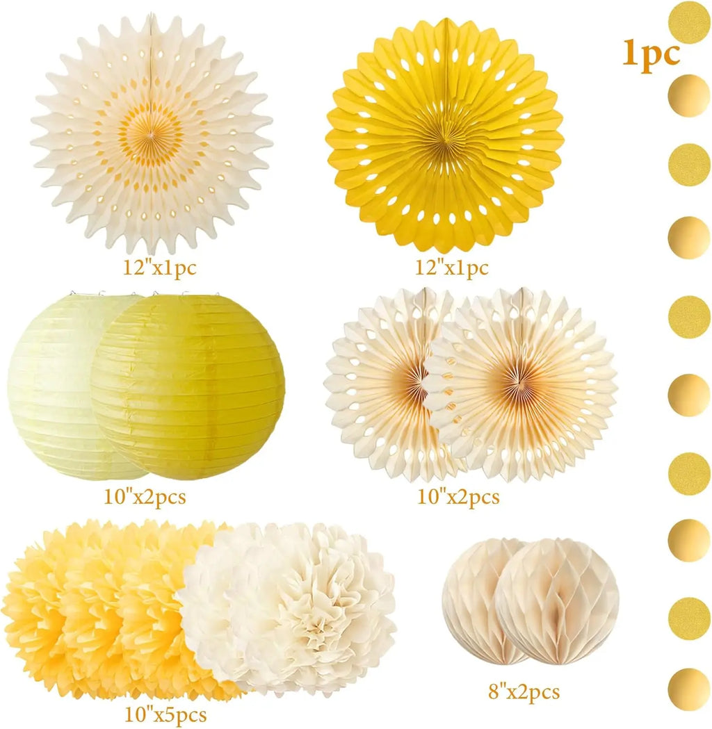 Yellow Party Decorations Yellow and Cream Paper Fans Paper Lanterns Pom Poms Flowers for Baby Shower Birthday Wedding Party