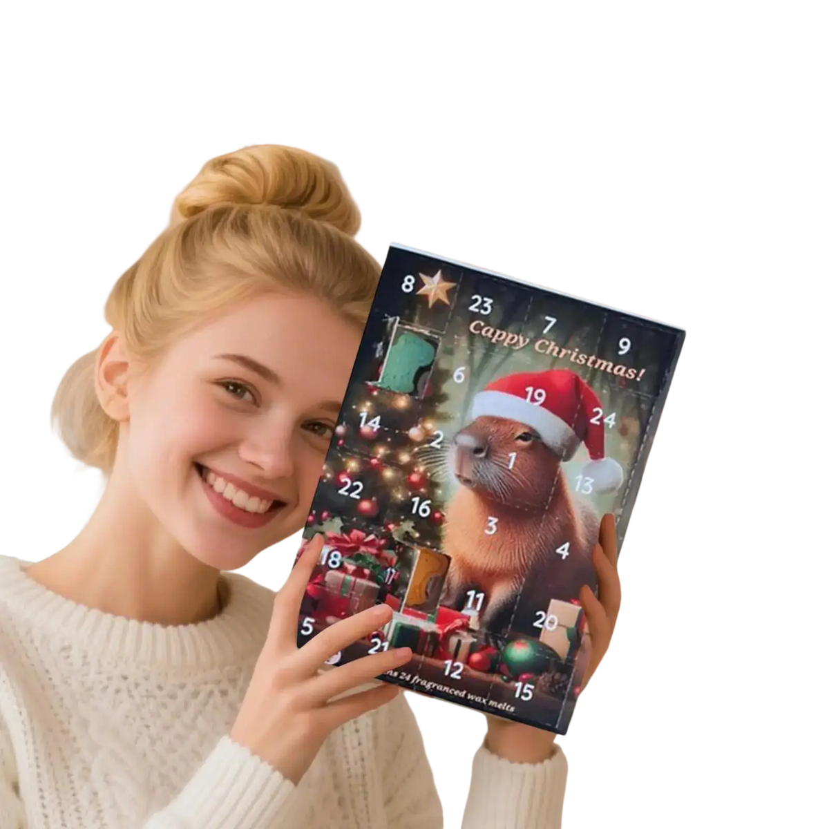 A black festive countdown calendar featuring a cute capybara wearing a red santa hat and christmas ornaments