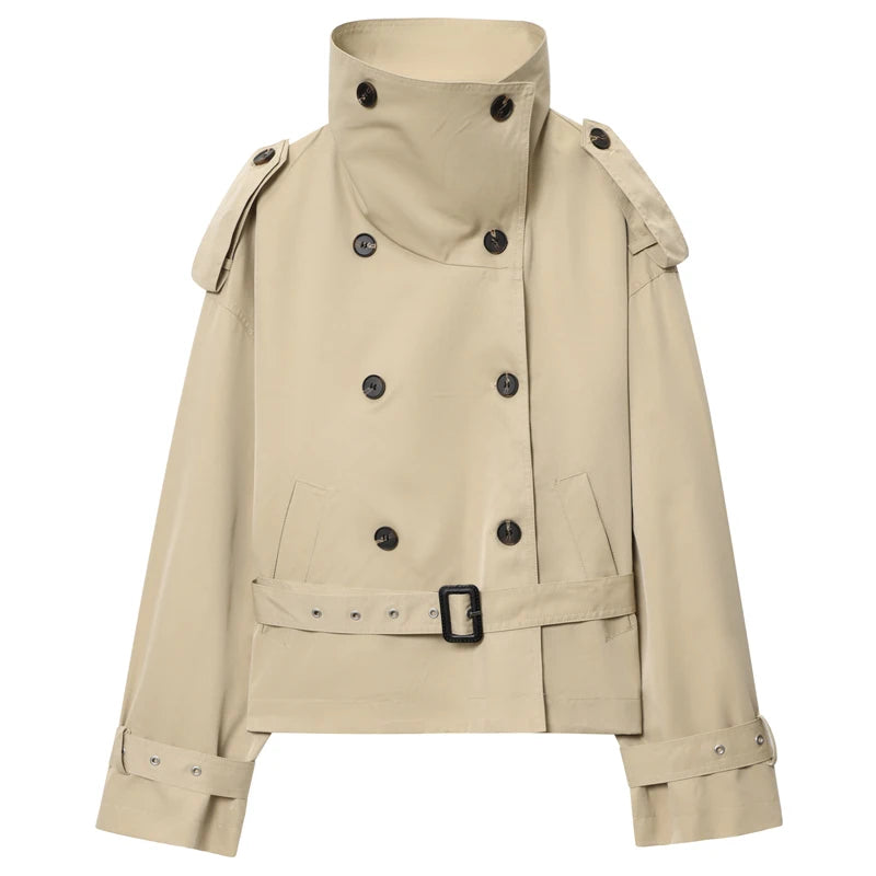 Women's Trench Coat Khaki Short Stand Collar Double Breasted Long Sleeve Jacket 2026Spring Autumn New Lady Casual Street Outwear