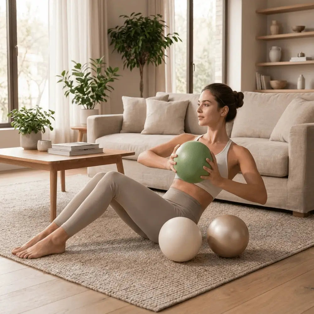 Una mujer con vestimenta para entrenamiento que sostiene un balón de yoga Pilates de 22 cm verde, antiestallidos, diseñado para el entrenamiento del core y el acondicionamiento físico.