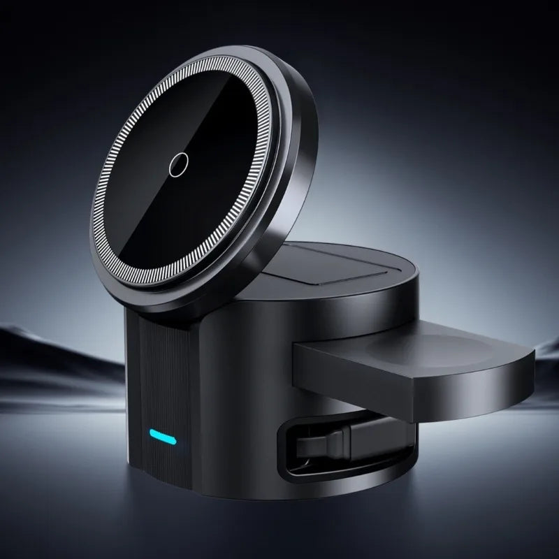 Foldable 3-in-1 Wireless Charger – Compact Travel Design, Charges Phone+Watch+AirPods, Type-C Input