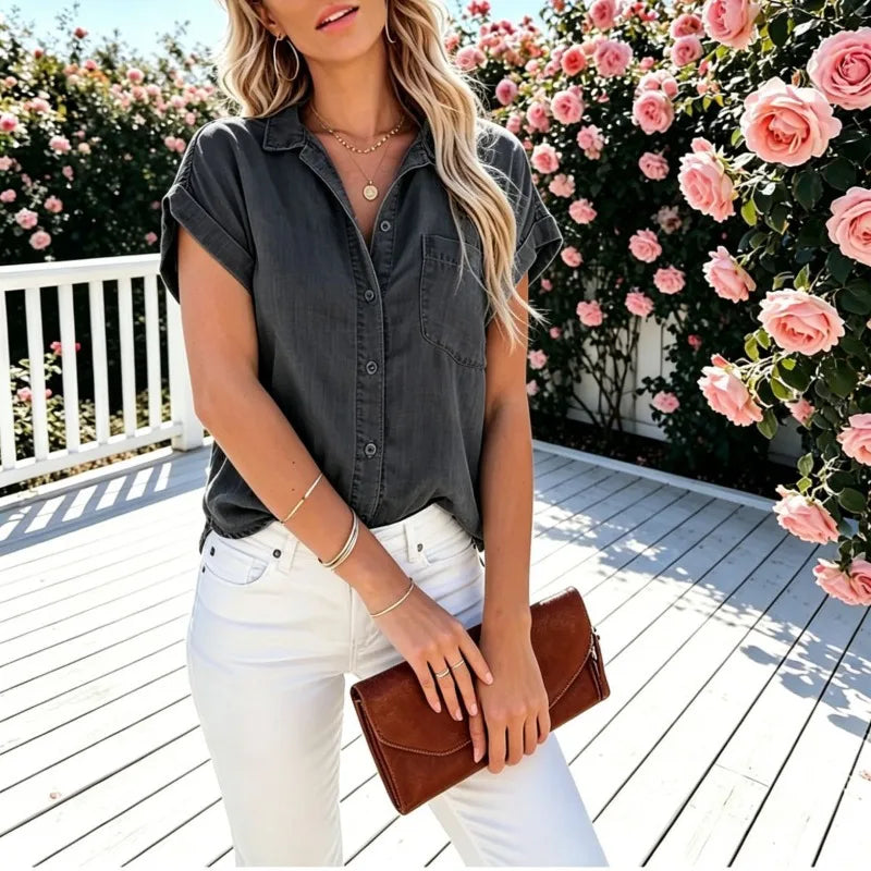 Women's Short Sleeve Denim Shirt Women's Blue Loose Cardigan Shirt Lapel Casual Top Women's