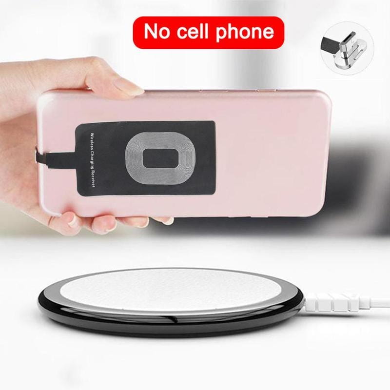 pink smartphone back side with a black wireless charging receiver sticker featuring a silver circular coil design for type c android phones wireless charging