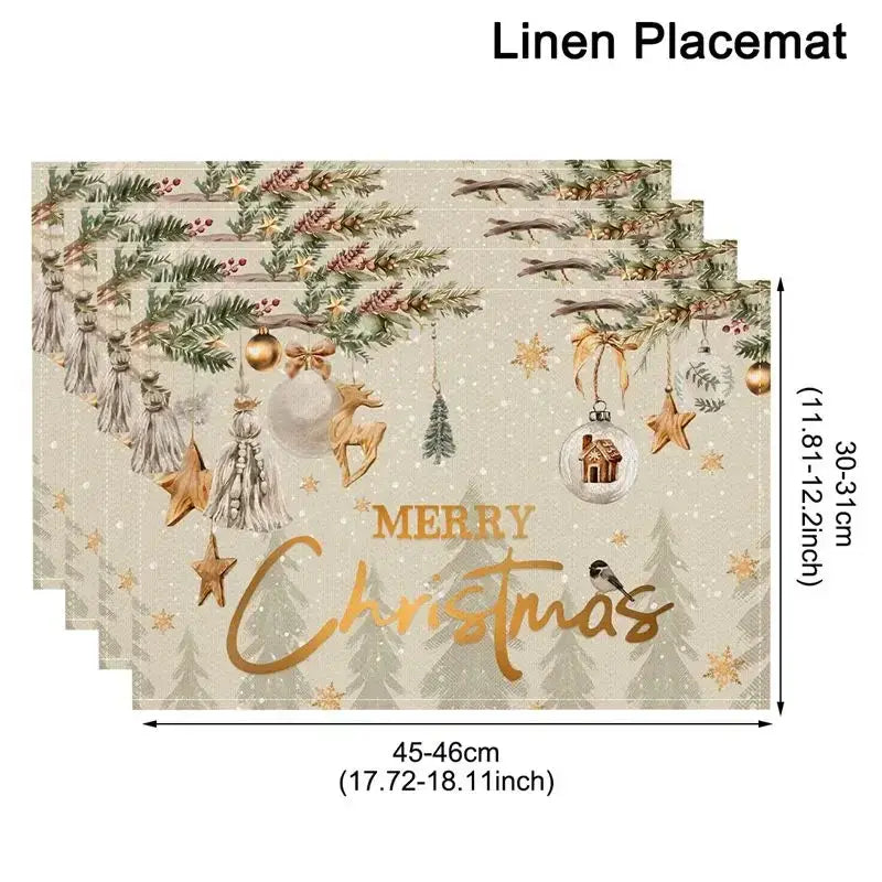 Dessous de table pour sapin de Noël en lin beige, présentant un design festif avec des ornements or et argent, des branches de pin, des étoiles et une inscription « Joyeux Noël » en caractères élégants