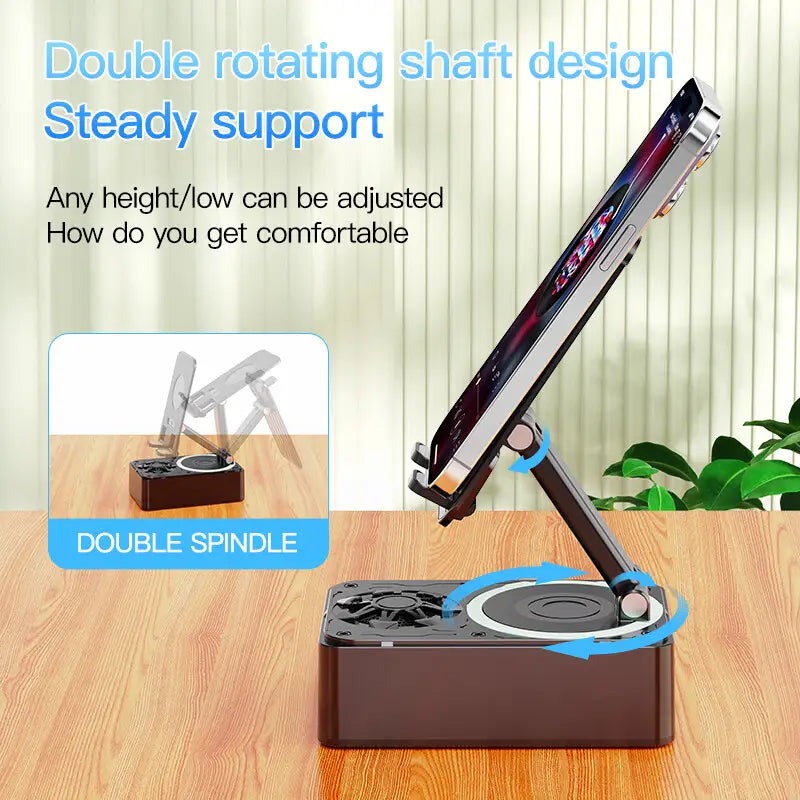 Adjustable brown phone stand with double rotating shaft design for steady support compatible with bluetooth speaker and cell phone use.