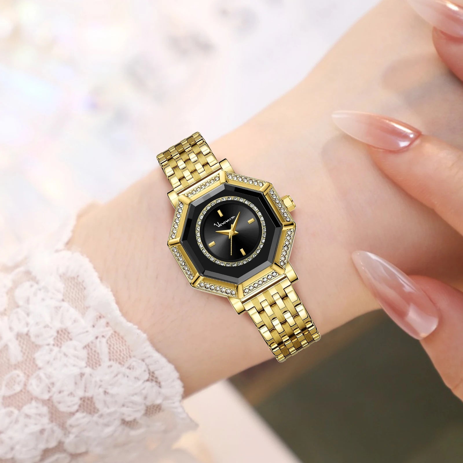 2025 New Women Gorgeous Quartz Watch Original Geometric Rhinestone Stainless Steel Waterproof Casual Banquet Dress Girls Watches