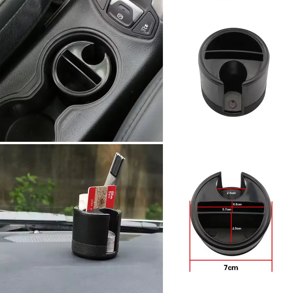 boîte de rangement pour organisateur de cartes et pièces de voiture, en forme de cylindre noir, avec prise texturée et compartiments internes pour cartes, pièces et petits articles