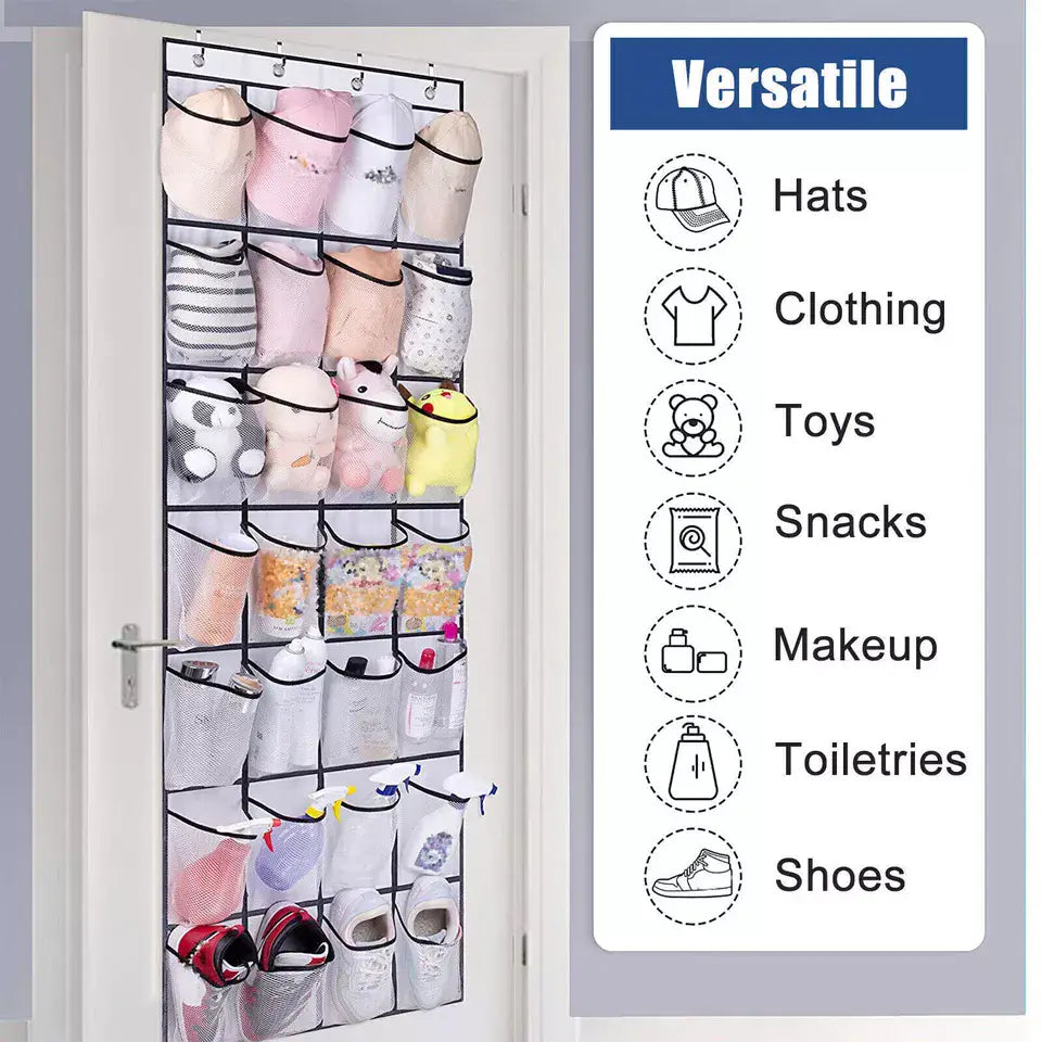 Organisateur de chaussures suspendu à porte à structure en métal noir, avec 28 poches en maille retenant des chapeaux, des jouets et des chaussures, pour un rangement efficace.
