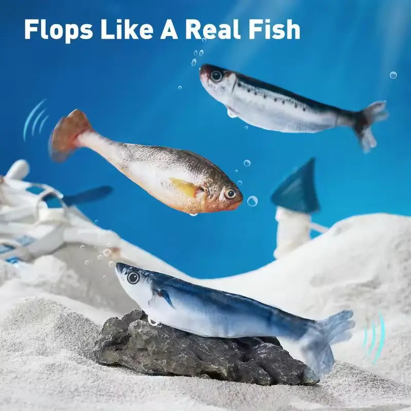 リアルなうろこ、ひれ、目を備えた青とシルバーのスマートな電気的インタラクティブ魚のキャットトイ。電気的な相互作用のためのファンフィッシュデザイン。