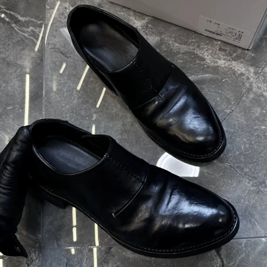 Black Leather Vintage Men's Dress Shoes Washed Effect Upturned Round Toe Slip On Loafers Casual Business Formal Low Heel Shoes