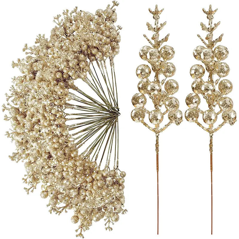 gold glittery berry and branch decorative picks in a 20pcs christmas decoration flower bouquet featuring christmas decoration glitter accents