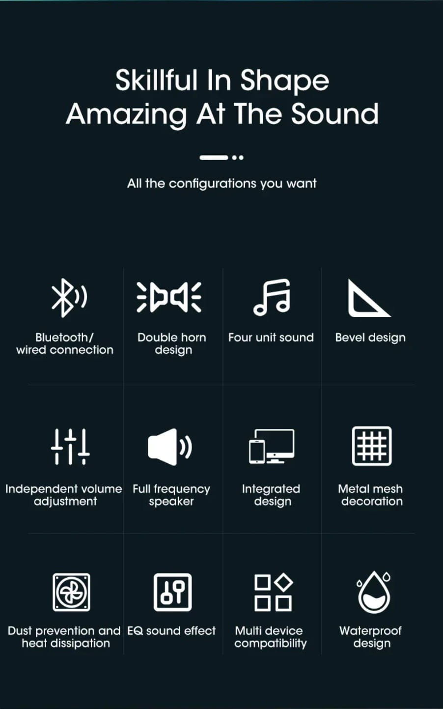Schwarzer Vikefon-USB-Bluetooth-PC-Soundbar-Lautsprecher mit Doppelt-Horn-Design, Vier-Einheiten-Soundsystem und Metallgitter-Dekoration.