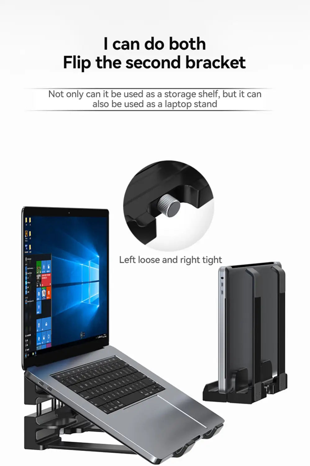 schwarzer verstellbarer vertikaler Laptopständer mit elegantem minimalistischen Design und stabiler Metallkonstruktion, von der Rückseite dargestellt.