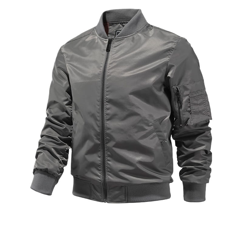 Veste bomber pour homme décontractée de printemps, fermeture éclair, en gris, avec finition mate et poignets côtelés, conçue pour le style bomber et le confort de l’homme