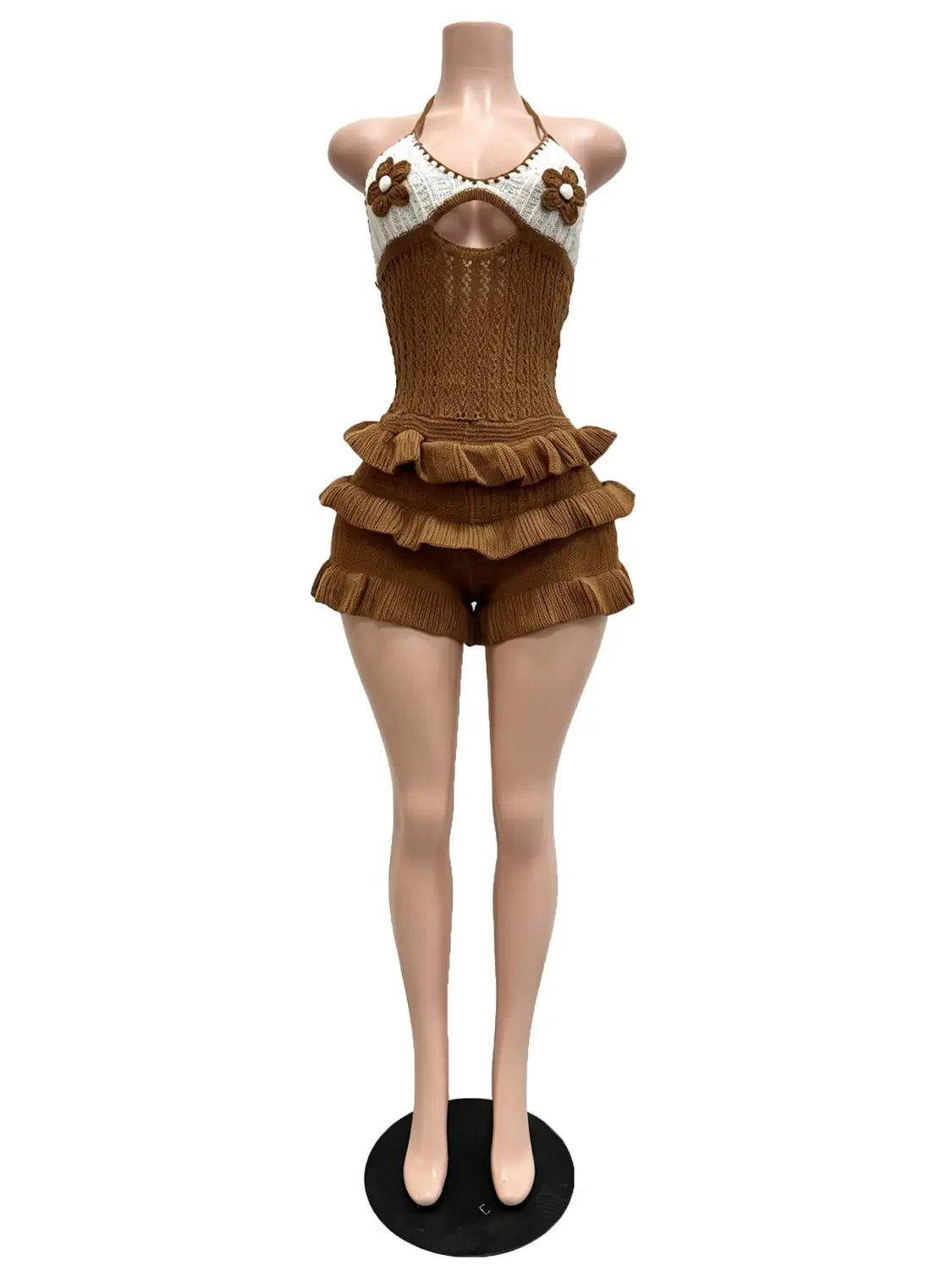 brown knitted two-piece swimsuit with white floral embellishments and ruffled shorts designed as a knitted ruffle halter romper summer playsuit.