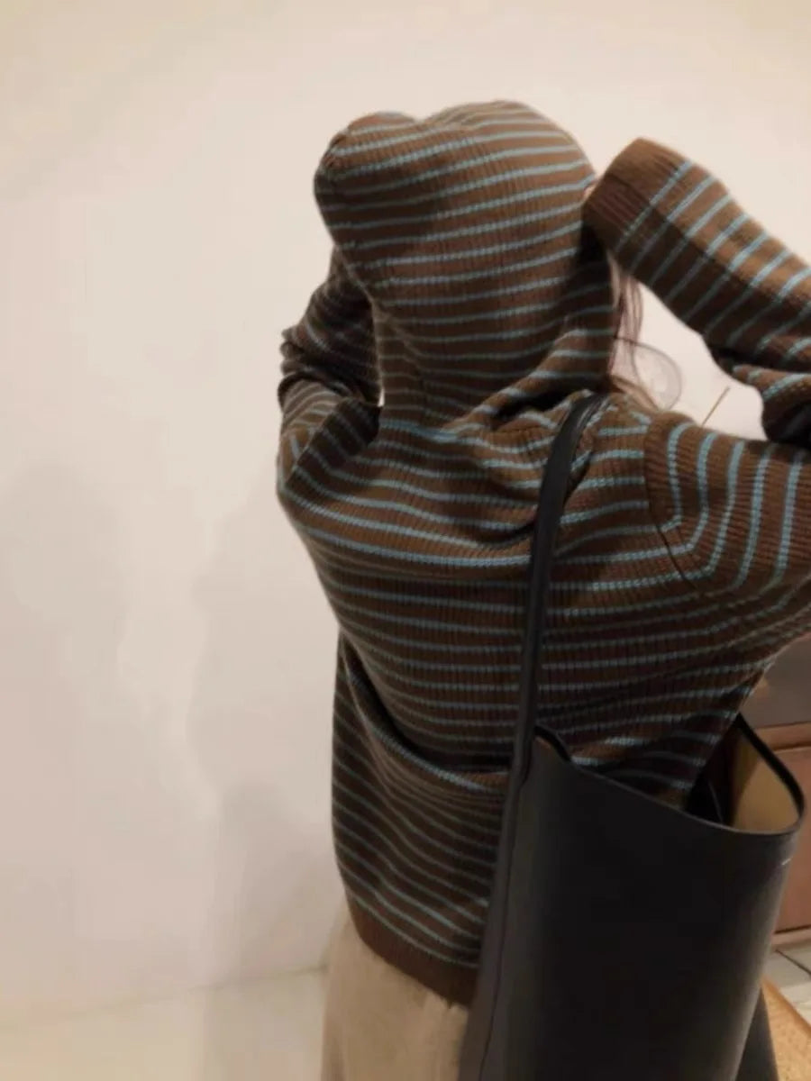 Striped Hooded Sweaters For Women In Autumn And Winter 2024 Wear High-Grade Lazy Wind Design Knitted Bottoming Shirts
