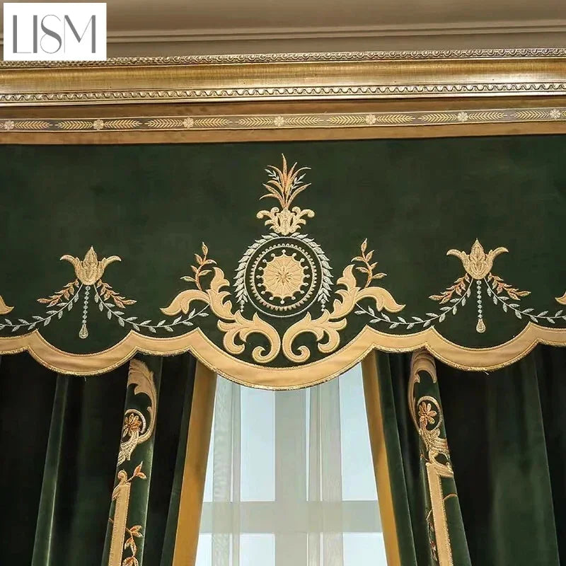 European Luxury Curtains for Living Dining Rooms Bedroom Home Textile Fabrics French Green Velvet Embroidered Curtains for Villa