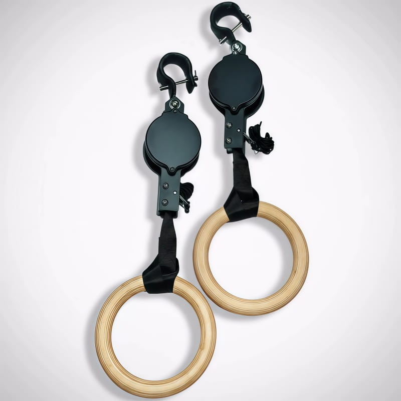 Adjustable black and wood wooden gymnastics rings with numbered straps and hook attachments for secure mounting.