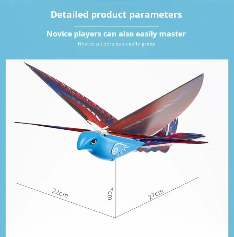 Blue and red remote control flying bird toy with detailed wing patterns for outdoor remote control use.