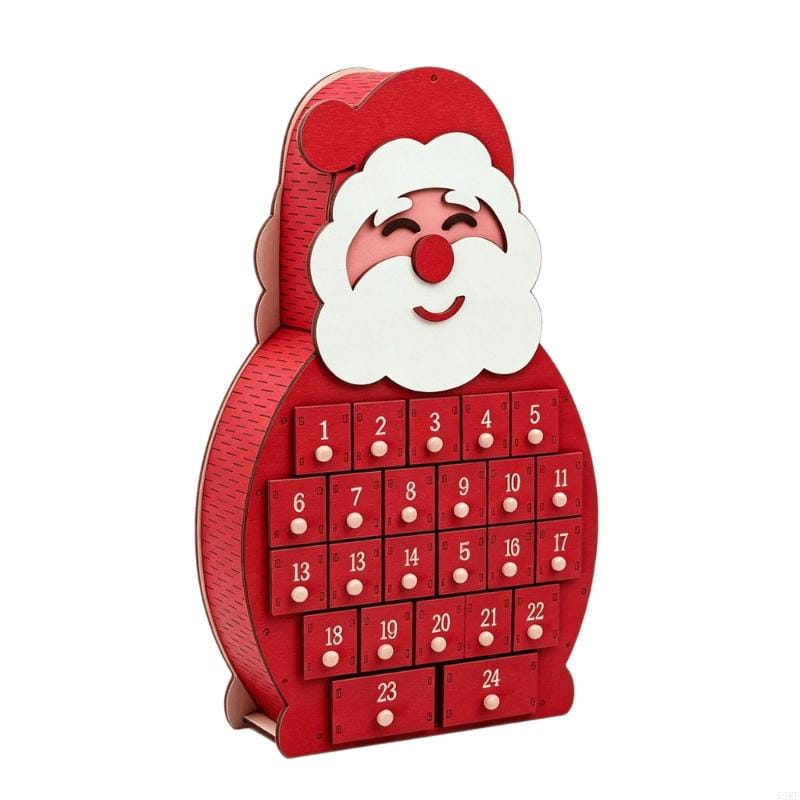Roter Holz-Weihnachtsmann-Adventskalender in Weihnachtsmannform mit nummerierten LED-Schubladen und einem lächelnden Gesicht.