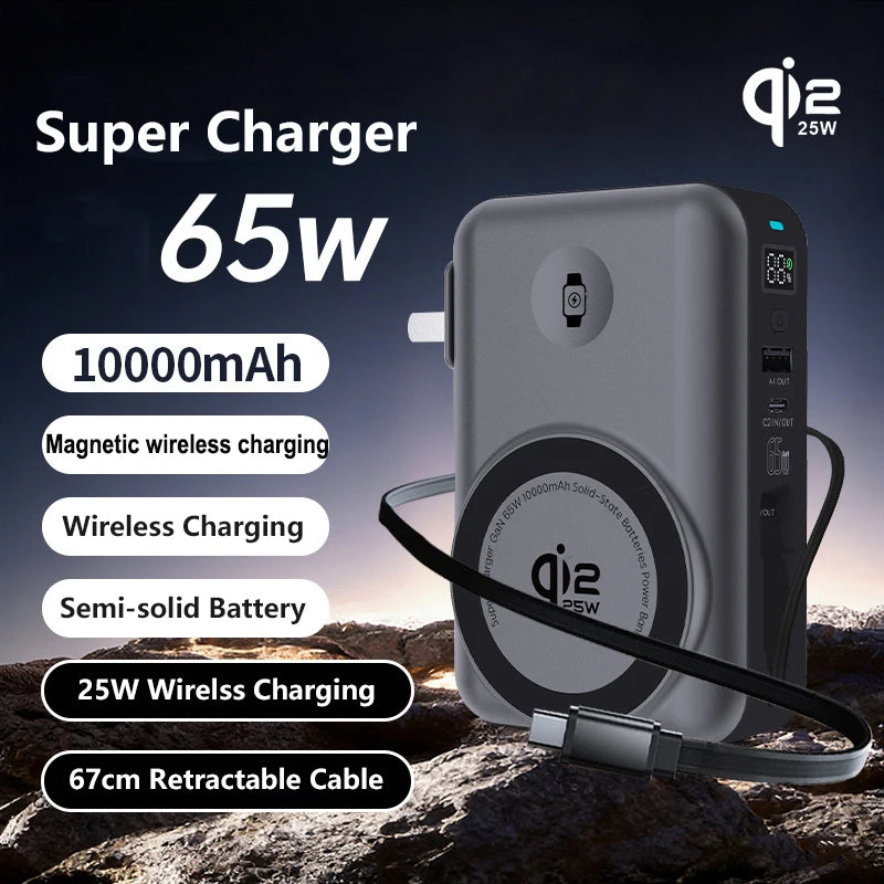 65W GaN USB C Wall Charger Power Bank 10000mAh Qi2.2 25W Magnetic Wireless Fast Charger for iPhone 17 16 iWatch Laptop Powerbank