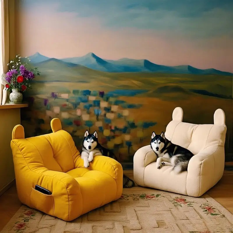Yellow and cream plush cat sofa bed from mainland china featuring ear-like handles and soft cushioning for pet comfort.