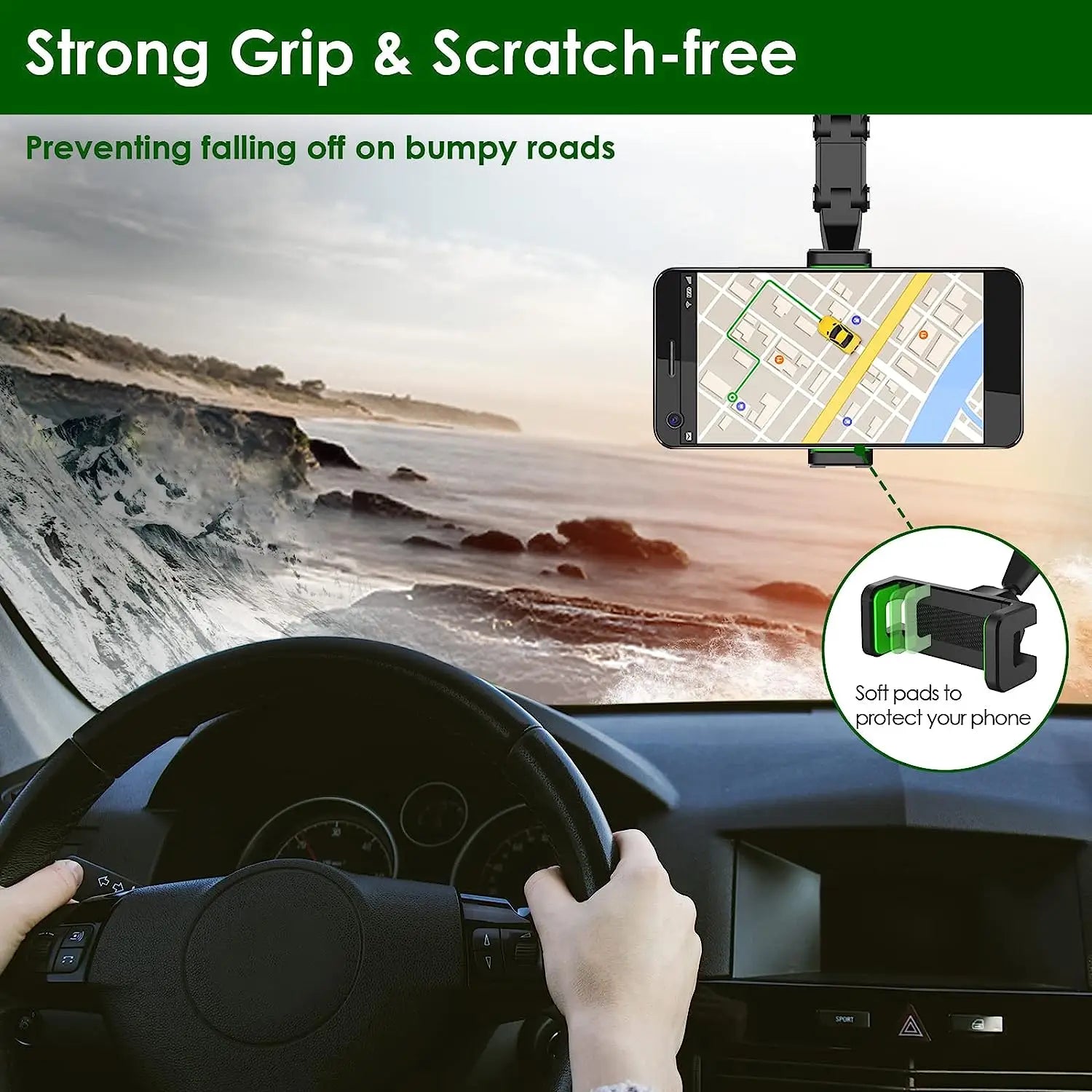 black rearview mirror car phone holder with soft pads and 360 rotatable feature shown from the back side for secure car use
