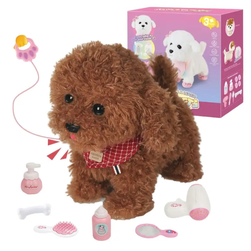 peluche de caniche marrón con ojos y hocico negros, que lleva una bufanda a cuadros rojos, presentado como un juguete interactivo de caniche caminante.