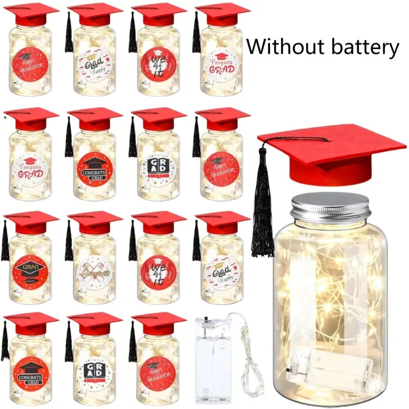 Graduation memory jar with led light set featuring a red graduation cap-themed glass jar with a silver metal lid.
