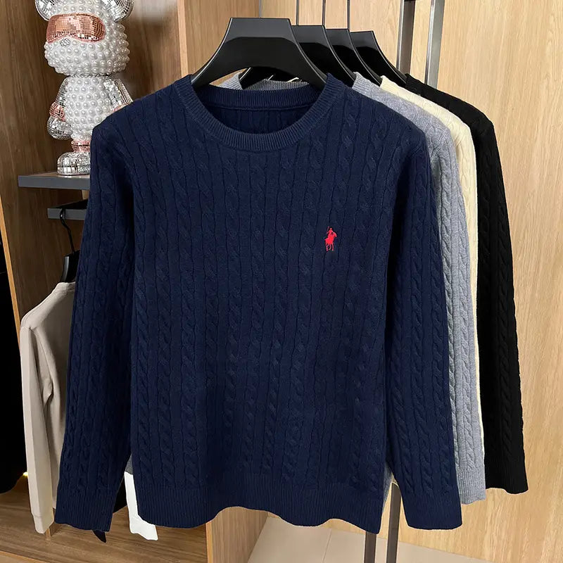 Navy blue men embroidered cable knit sweater featuring a red embroidered polo player logo on the left chest.